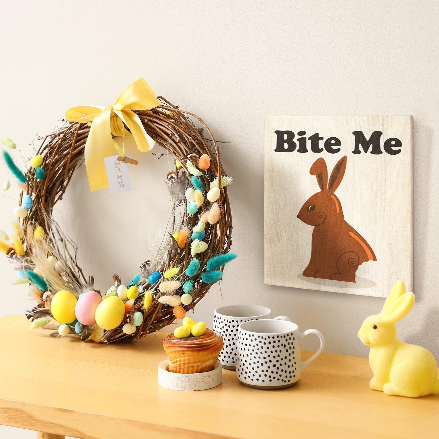Easter Decorations, Bite Me Funny Easter Sign, Bunny Rabbit, Funny Farmhouse Easter Decor, Wooden Wall Sign