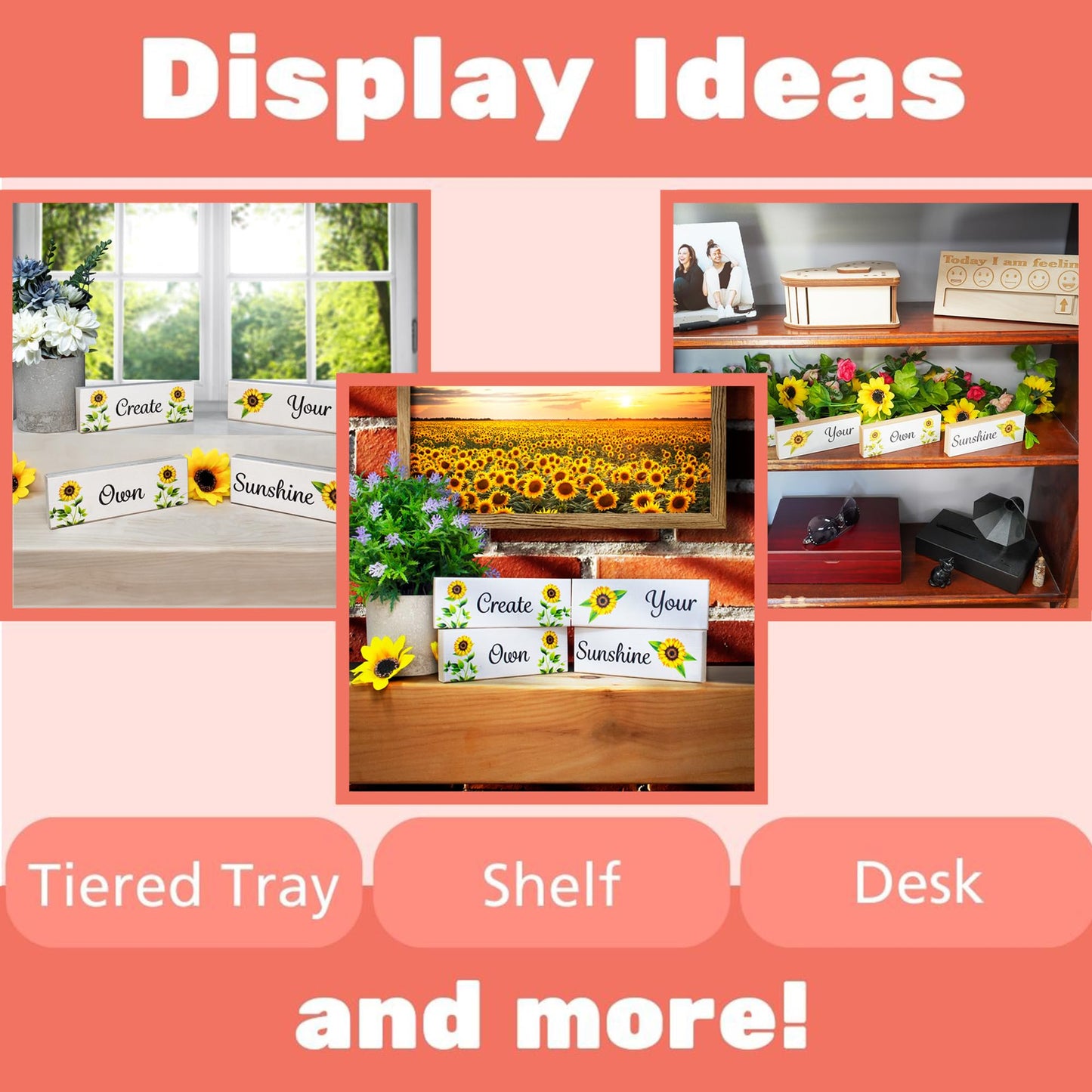 Create Your Own Sunshine Wood Block Set 4pc, Sunflower Inspirational Farmhouse Tiered Tray Decor, Positive Affirmation Home Accents
