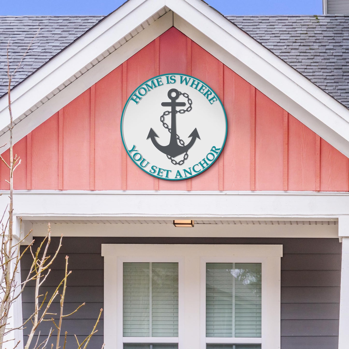 Outdoor Home Is Where You Set Anchor Beach Wall Decor – 36" Round Anchor Sign with Embossed Text and Nautical Design – PVC Coastal Wall Art for Beach House