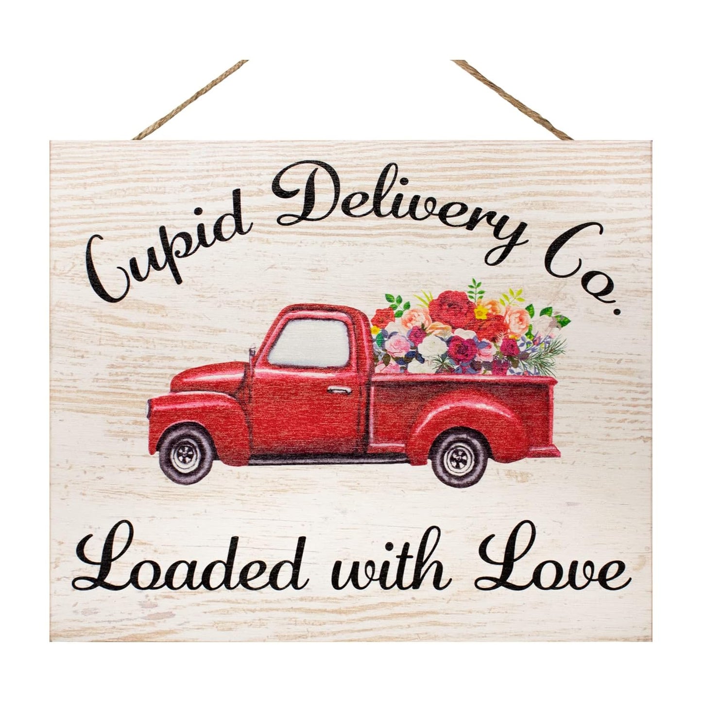 Valentine’s Day Decor – Cupid Delivery Co Loaded with Love Farmhouse Sign, Romantic Valentine Red Truck Decoration