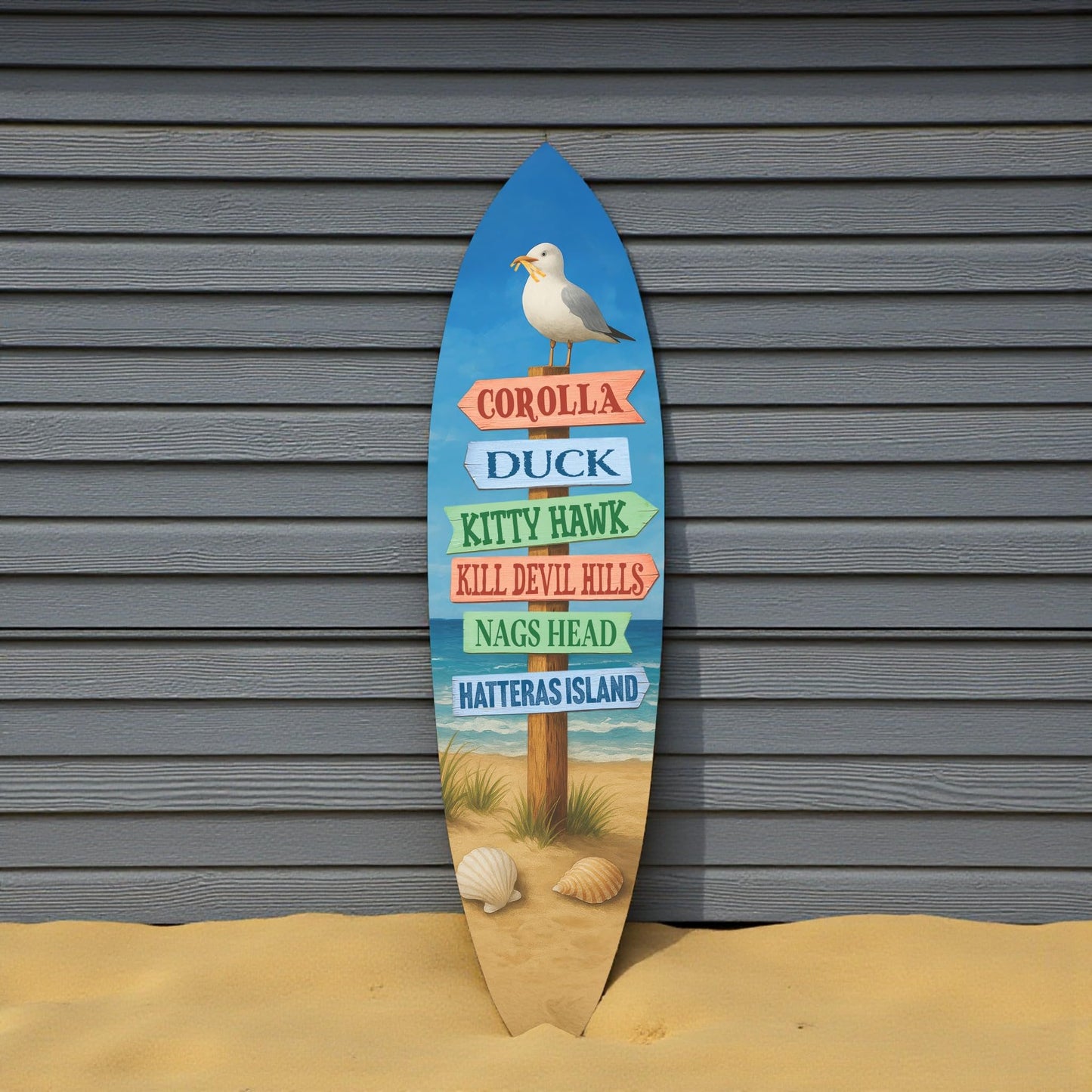 Outer Banks Surfboard Wall Art, Directional Beach Towns Sign with Seagull, Weather-Resistant PVC Coastal Decor (4 Foot)
