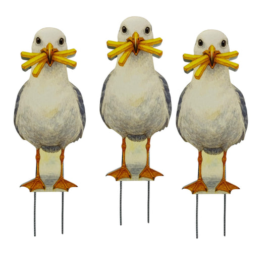 Seagull Yard Signs Set of 3 – Funny Beach Lawn Decorations with French Fries, PVC Outdoor Decor with Metal Stakes, Coastal Accent