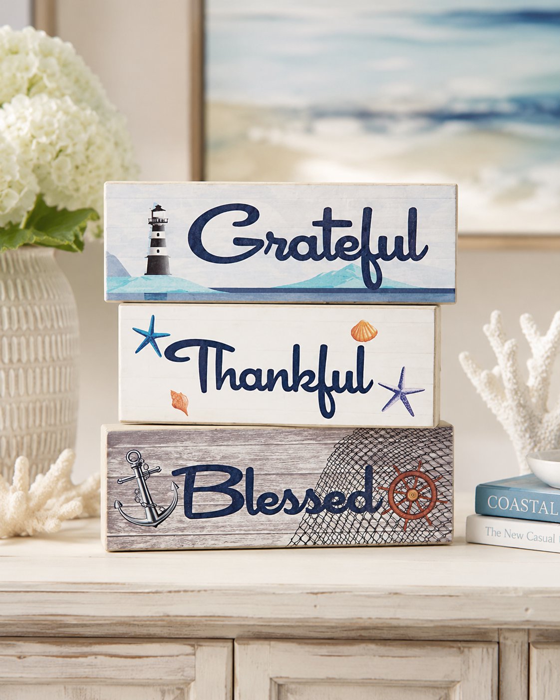 Coastal Farmhouse Thankful Grateful Blessed Signs, Tiered Tray Decor 3 Mini Wood Block Signs, Beach House Decor, Beach Signs, Inspirational Quotes Friendship Gifts, Farmhouse Home Decor