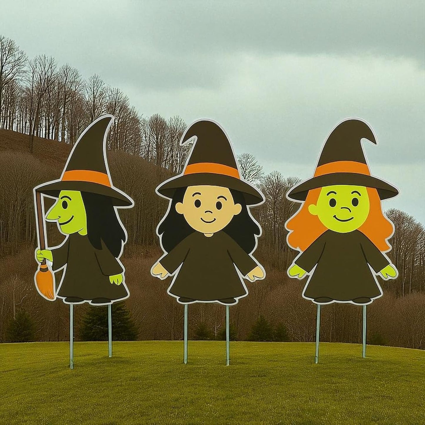 Halloween Yard Signs Set of 3, Outdoor Halloween Witch Stakes, Weatherproof PVC Decorations