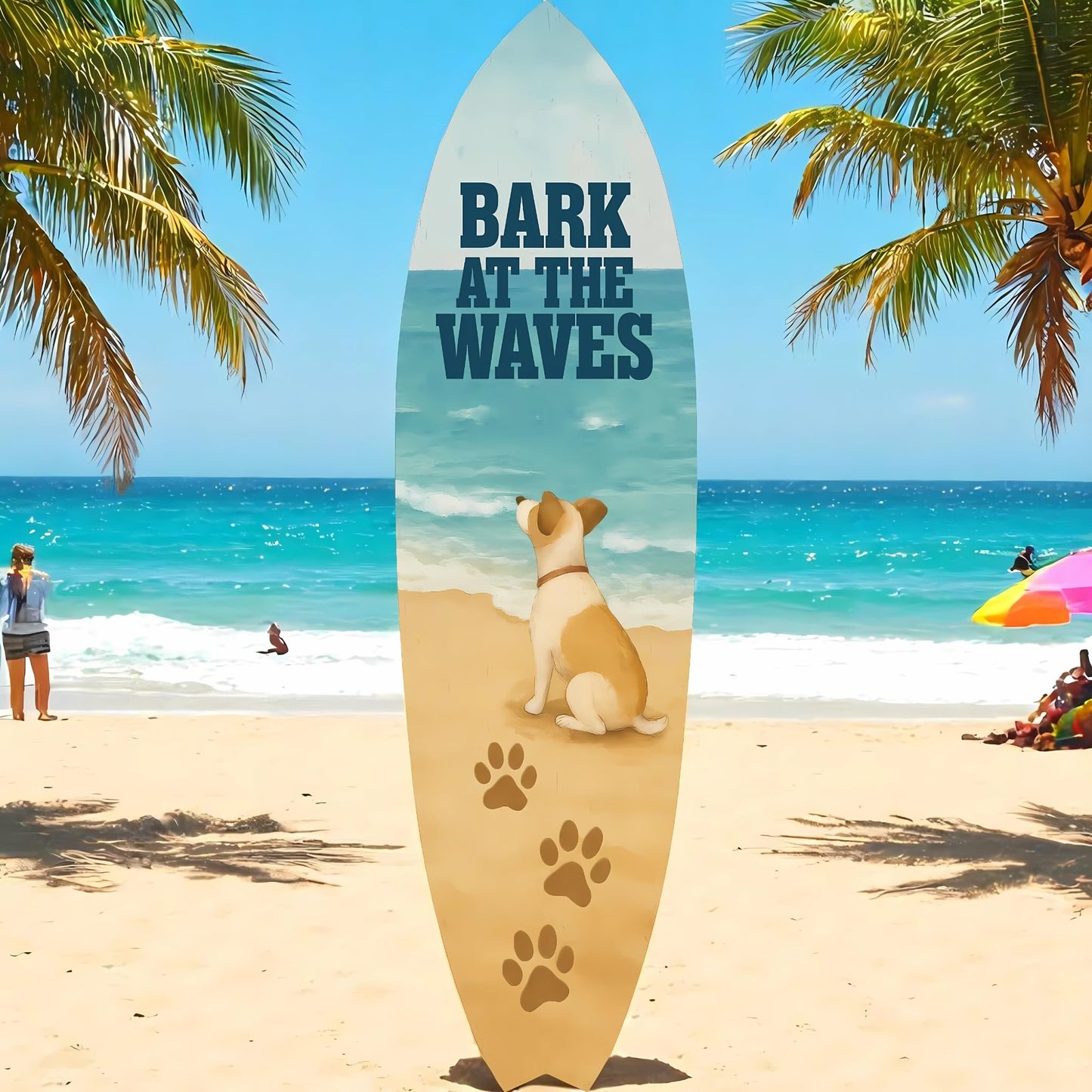 JennyGems Outdoor Dog Surfboard Wall Decor  Coastal Pet Wall Art for Porch, Pool, Fence, PVC Beach House Decor for Dog Owners, Bark at Waves, 5 foot