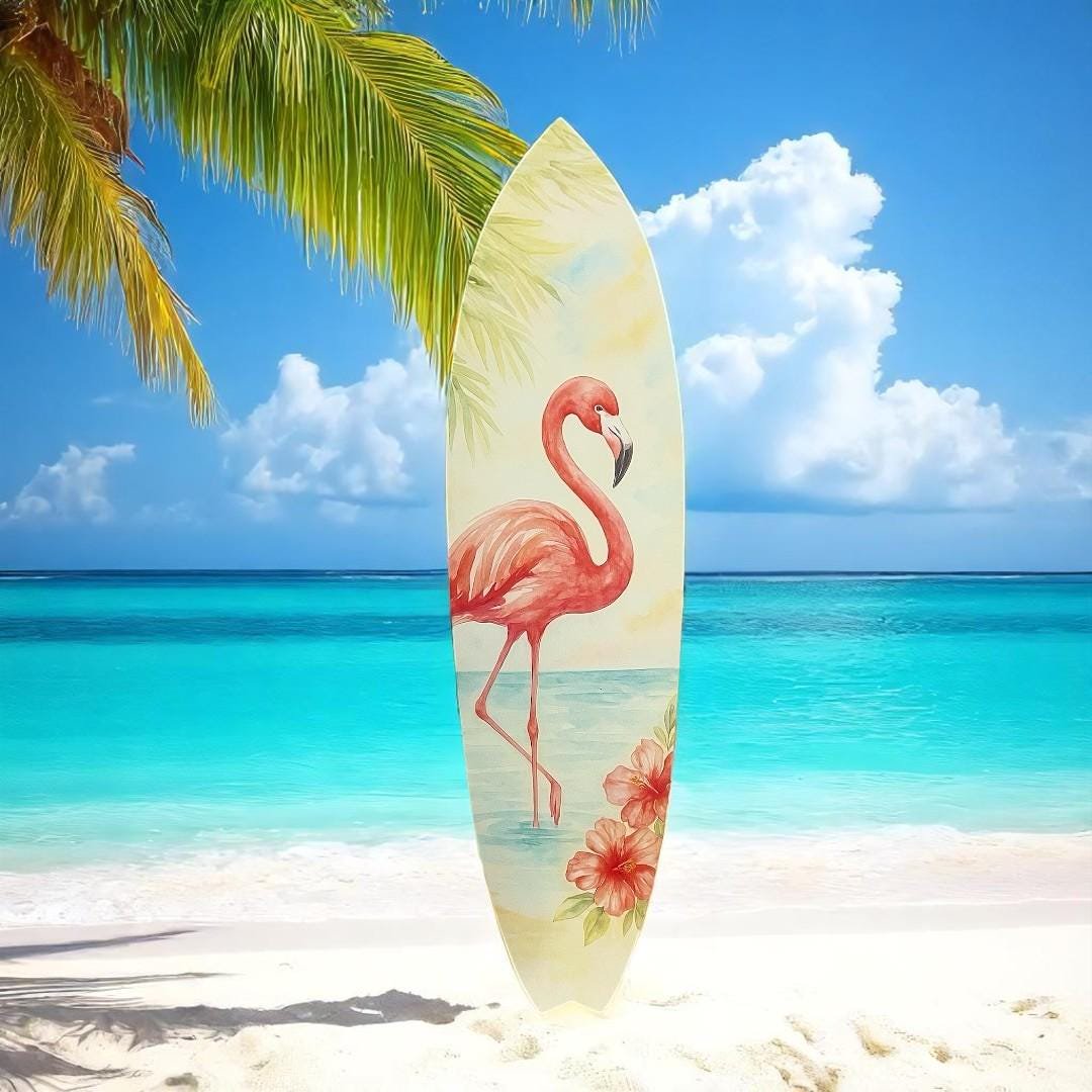 Flamingo Surfboard Wall Art: Tropical Beach House Decor