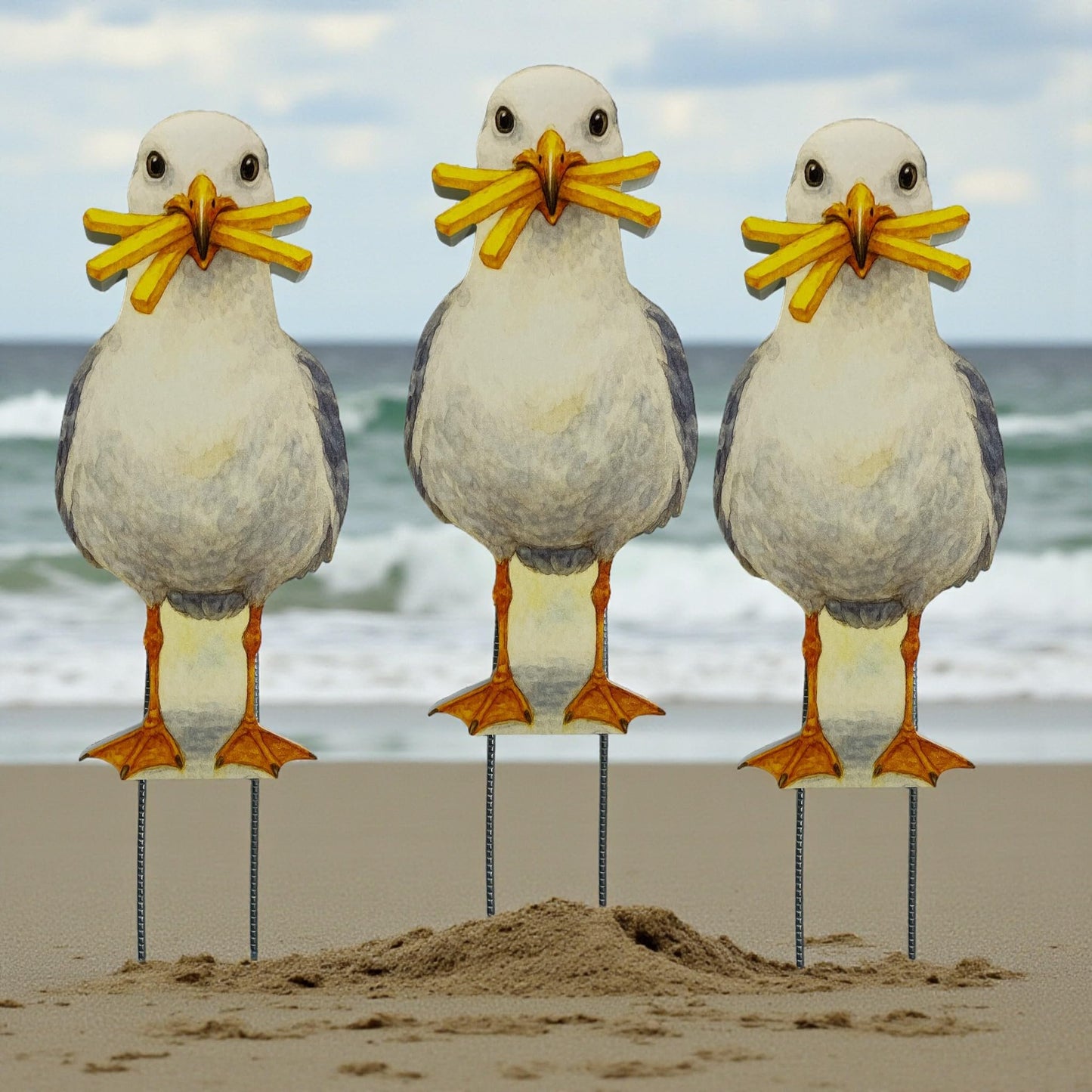Seagull Yard Signs Set of 3 – Funny Beach Lawn Decorations with French Fries, PVC Outdoor Decor with Metal Stakes, Coastal Accent