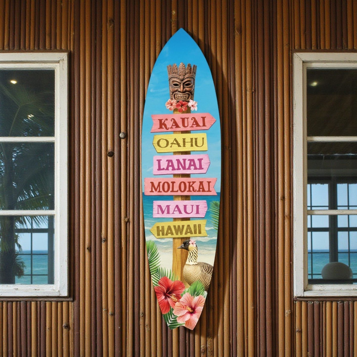 Hawaii Surfboard Sign, PVC Island Wall Art, Tropical Beach House Decoration, 2ft