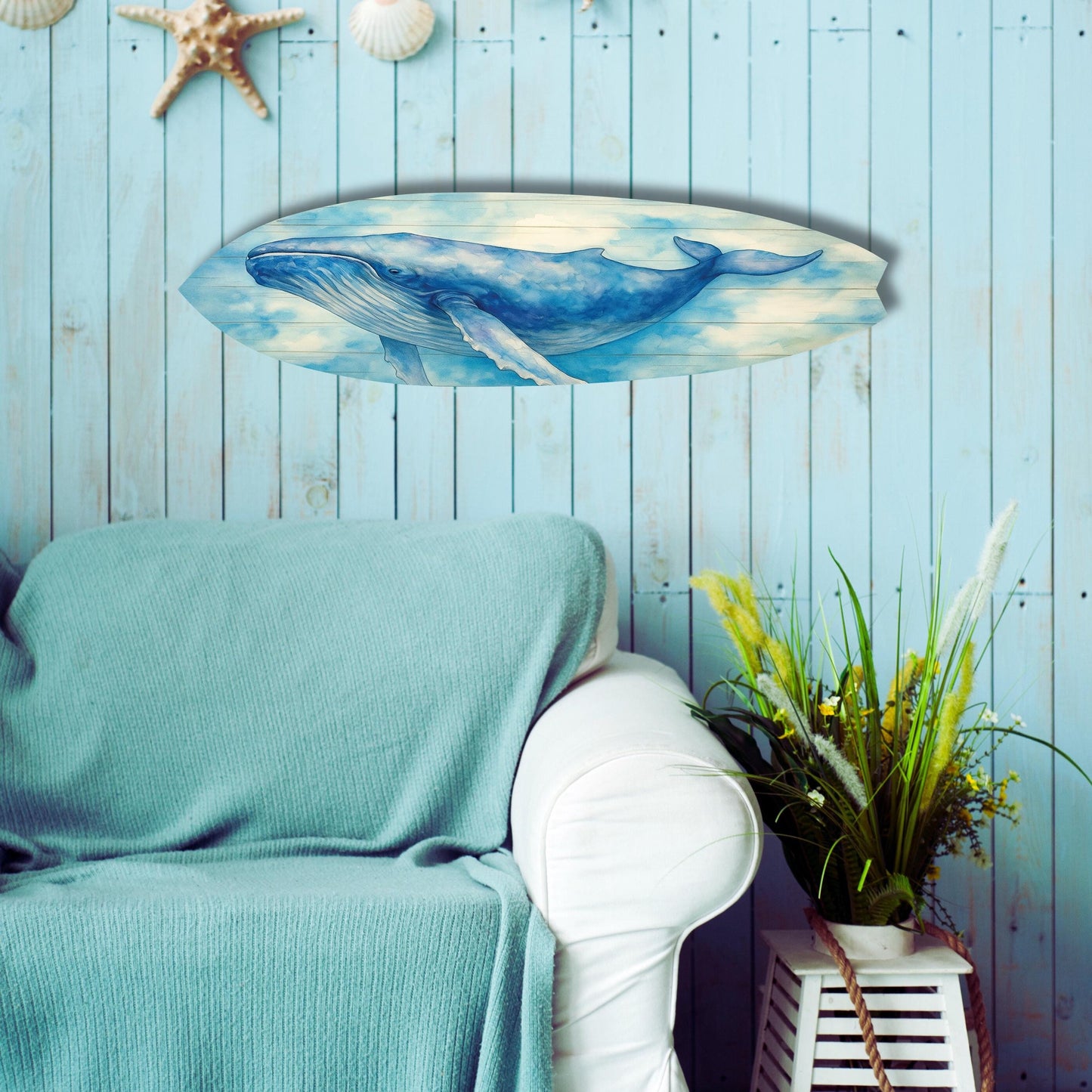 Watercolor Humpback Whale Surfboard Wall Art: Coastal Beach House Decor