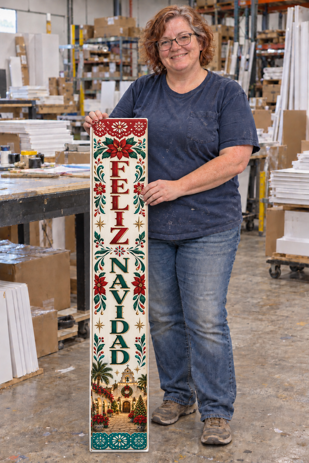 mexican porch board with original listing artwork composited unchanged into warehouse worker photograph