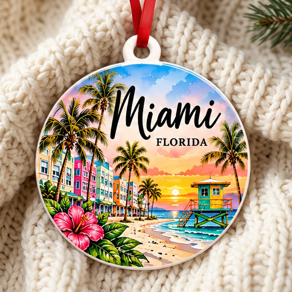 Miami ornament on a cozy ivory knit blanket