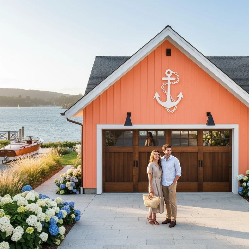 white pvc nautical anchor wall decor monted on coastal home exterior with couple