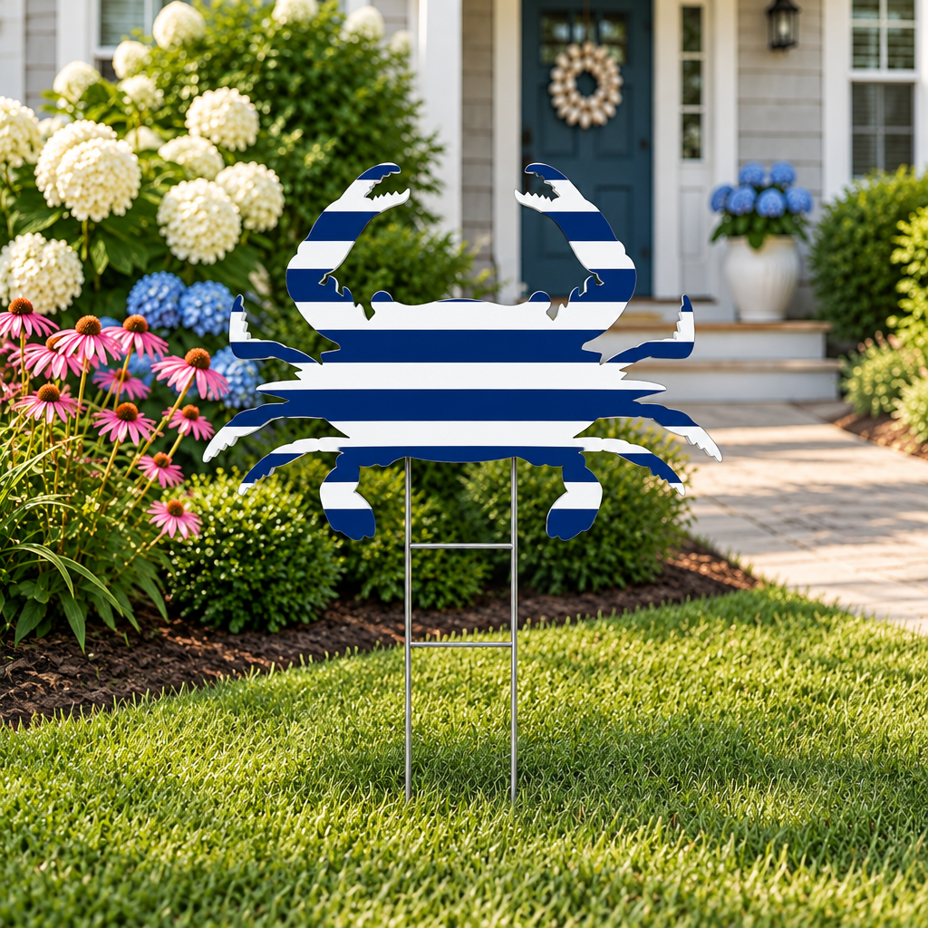 Navy and white striped cabana crab on a yard stake in a garden