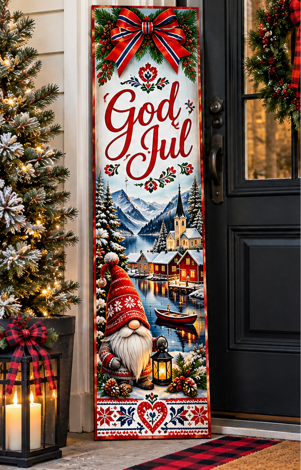 Norwegian God Jul Christmas porch board leaning beside front door
