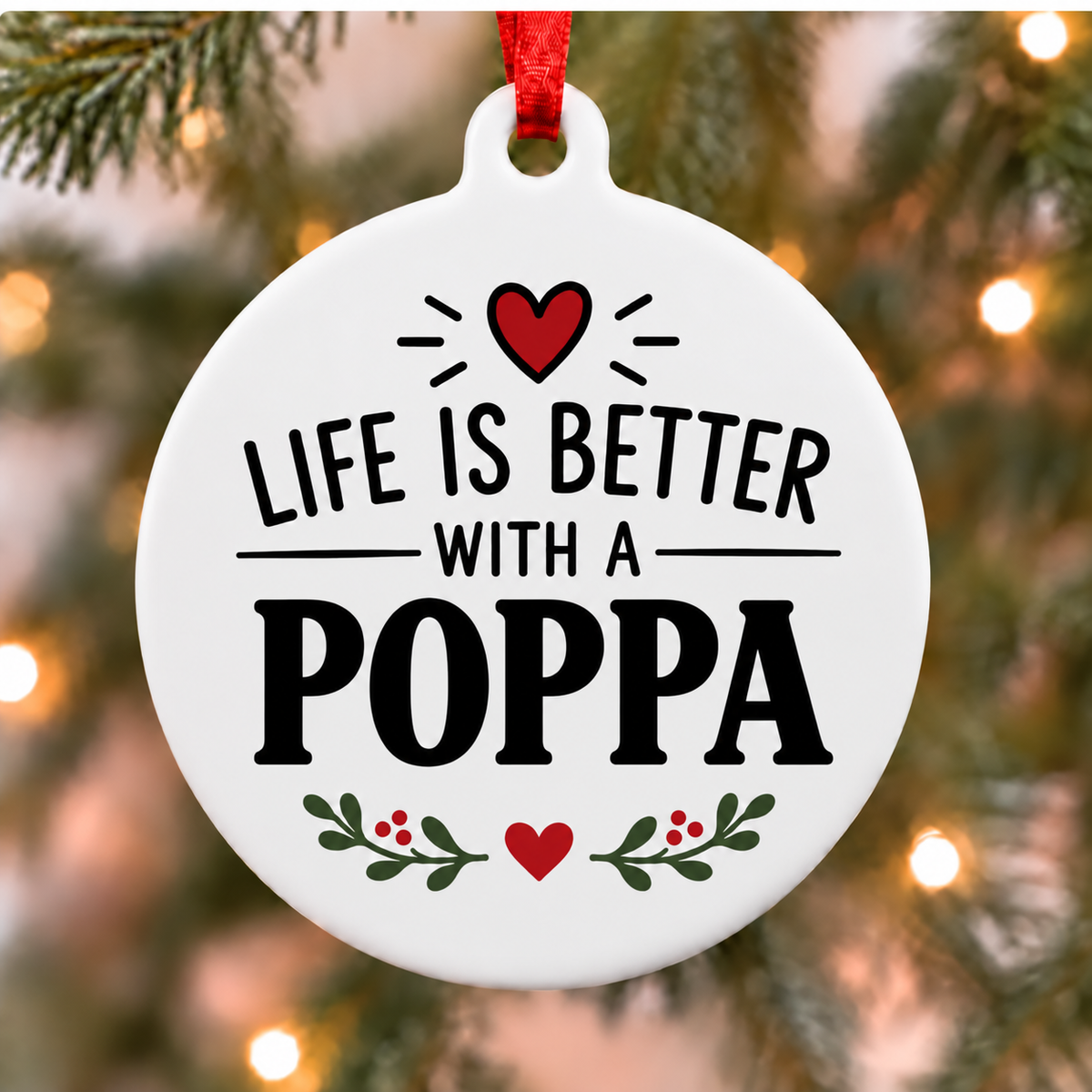 Life Is Better With a Poppa PVC Christmas ornament hanging close up on a tree with a red ribbon