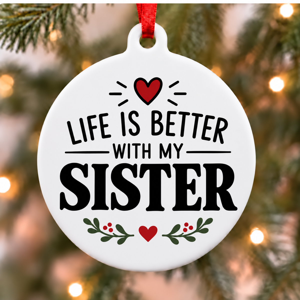 Life Is Better With My Sister white PVC Christmas ornament close up on a tree with red ribbon