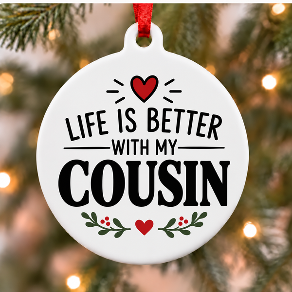 Life Is Better With My Cousin white PVC Christmas ornament close up on a tree with red ribbon