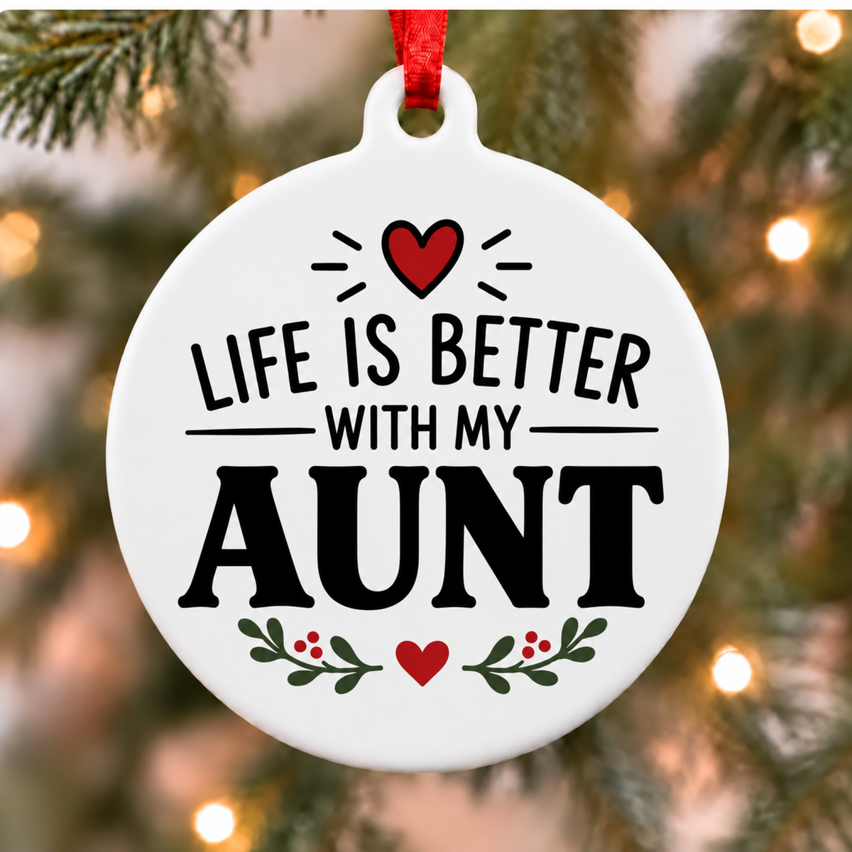Life Is Better With My Aunt white PVC Christmas ornament close up on a tree with red ribbon