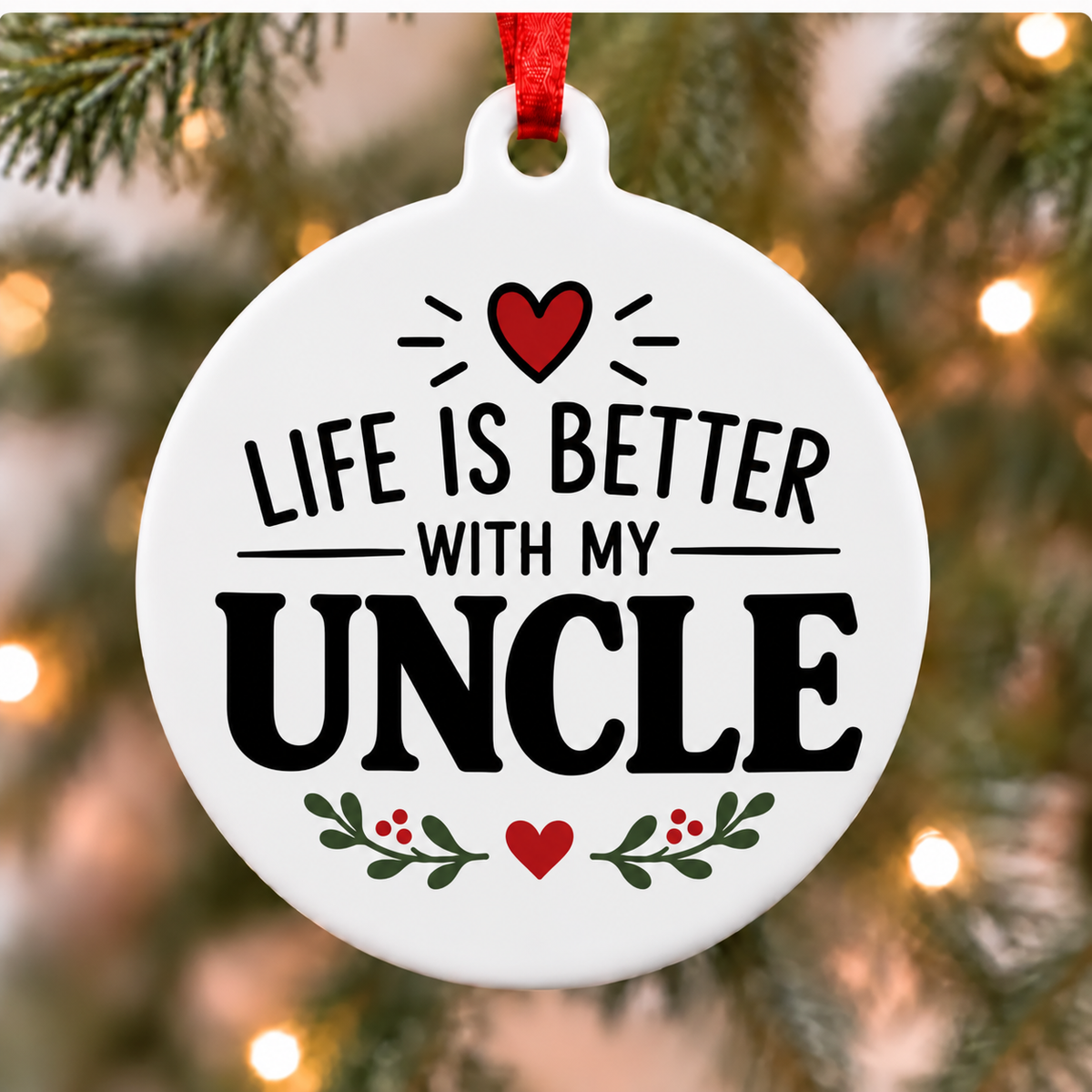 Life Is Better With My Uncle white PVC Christmas ornament close up on a tree with red ribbon