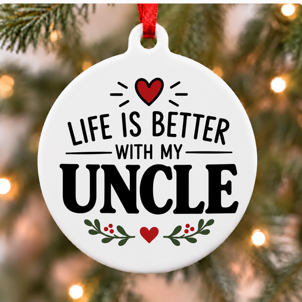 Life Is Better With My Uncle white PVC Christmas ornament close up on a tree with red ribbon