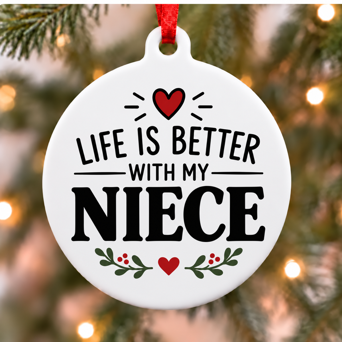 Life Is Better With My Niece white PVC Christmas ornament close up on a tree with red ribbon