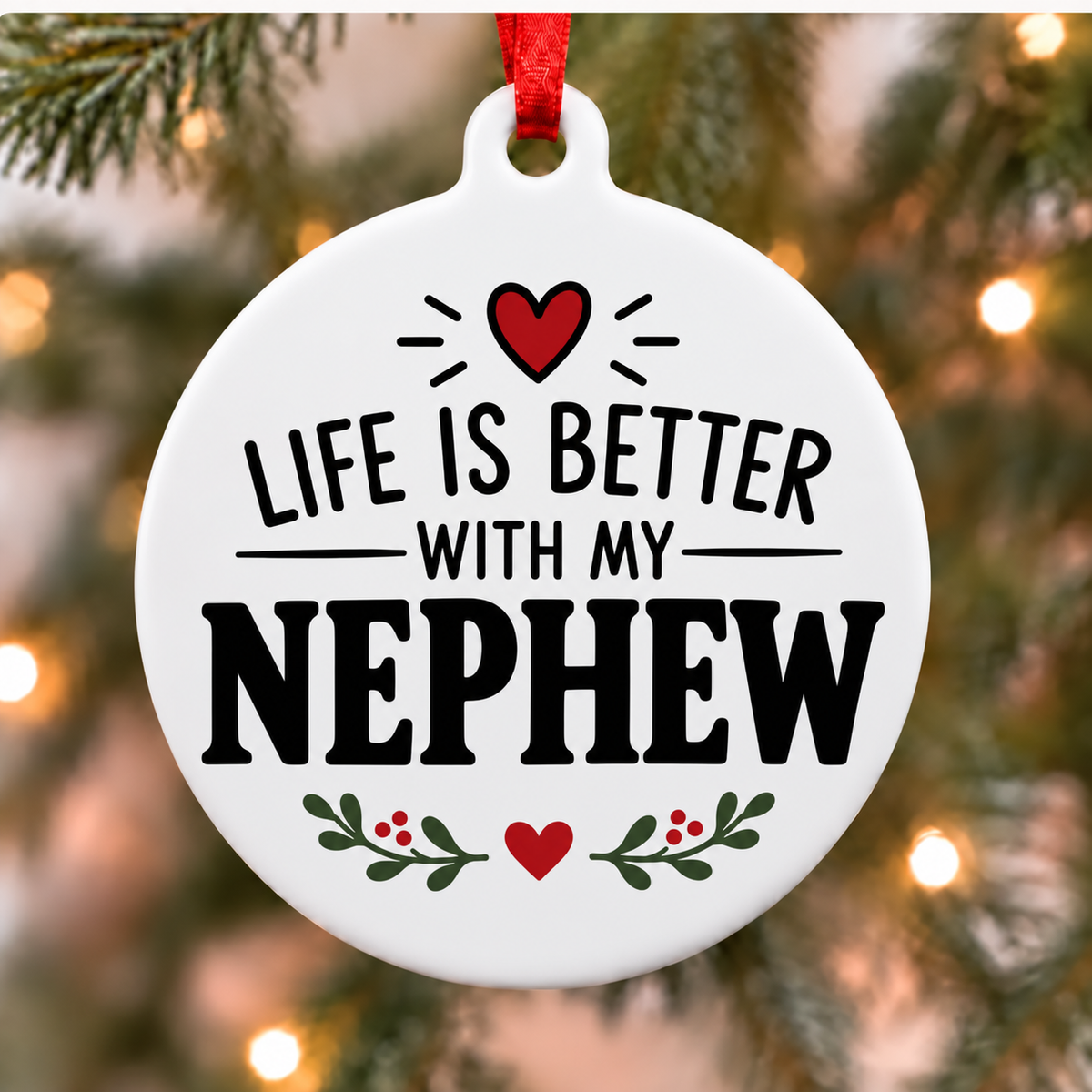 Life Is Better With My Nephew white PVC Christmas ornament close up on a tree with red ribbon