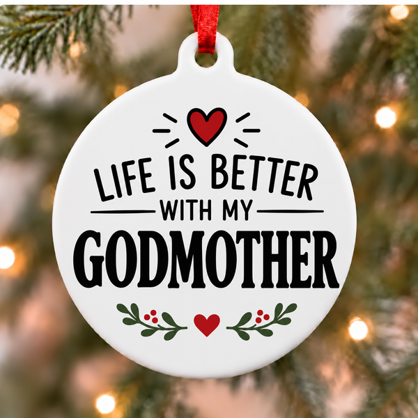 Life Is Better With My Godmother white PVC Christmas ornament close up on a tree with red ribbon
