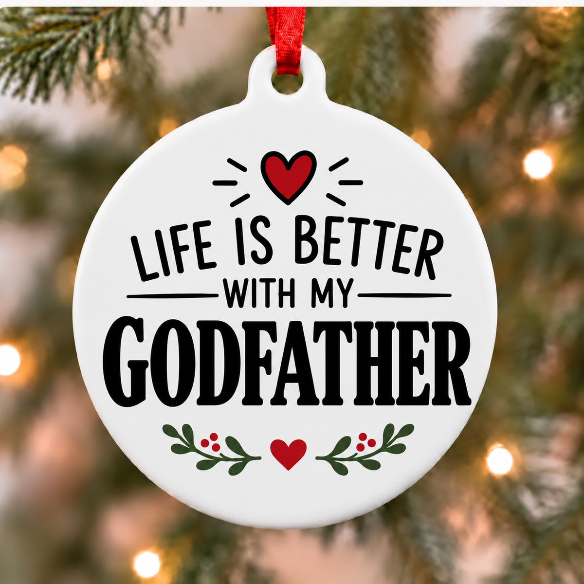 Life Is Better With My Godfather white PVC Christmas ornament close up on a tree with red ribbon