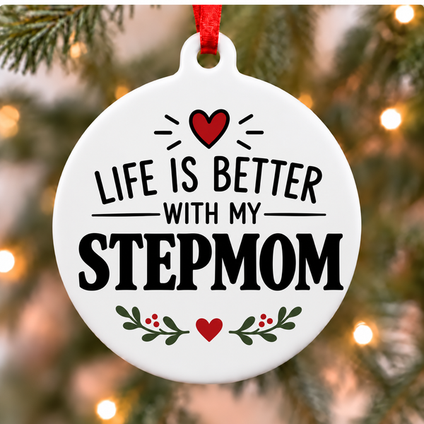 Life Is Better With My Stepmom white PVC Christmas ornament close up on a tree with red ribbon