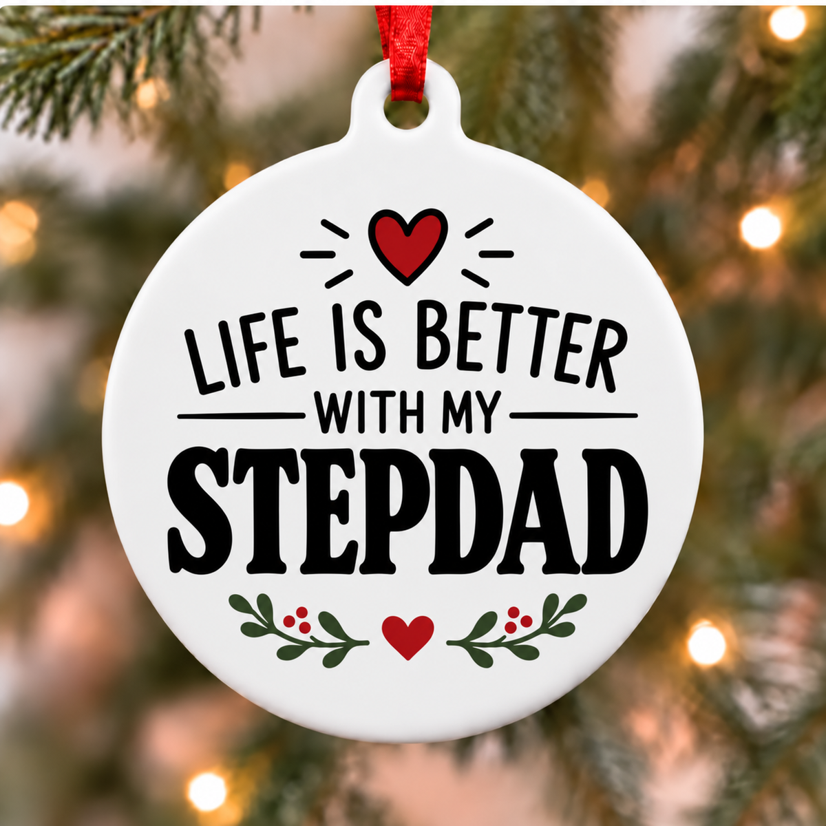 Life Is Better With My Stepdad white PVC Christmas ornament close up on a tree with red ribbon