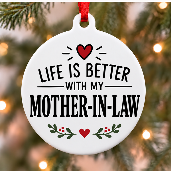 Life Is Better With My Mother-in-law white PVC Christmas ornament close up on a tree with red ribbon
