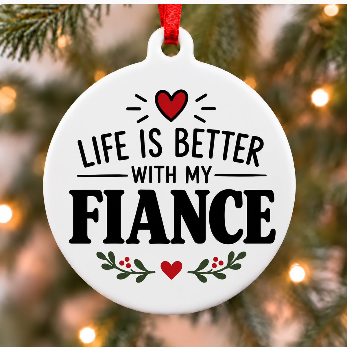Life Is Better With My Fiance white PVC Christmas ornament close up on a tree with red ribbon