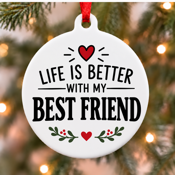 Life Is Better With My Best Friend white PVC Christmas ornament close up on a tree with red ribbon
