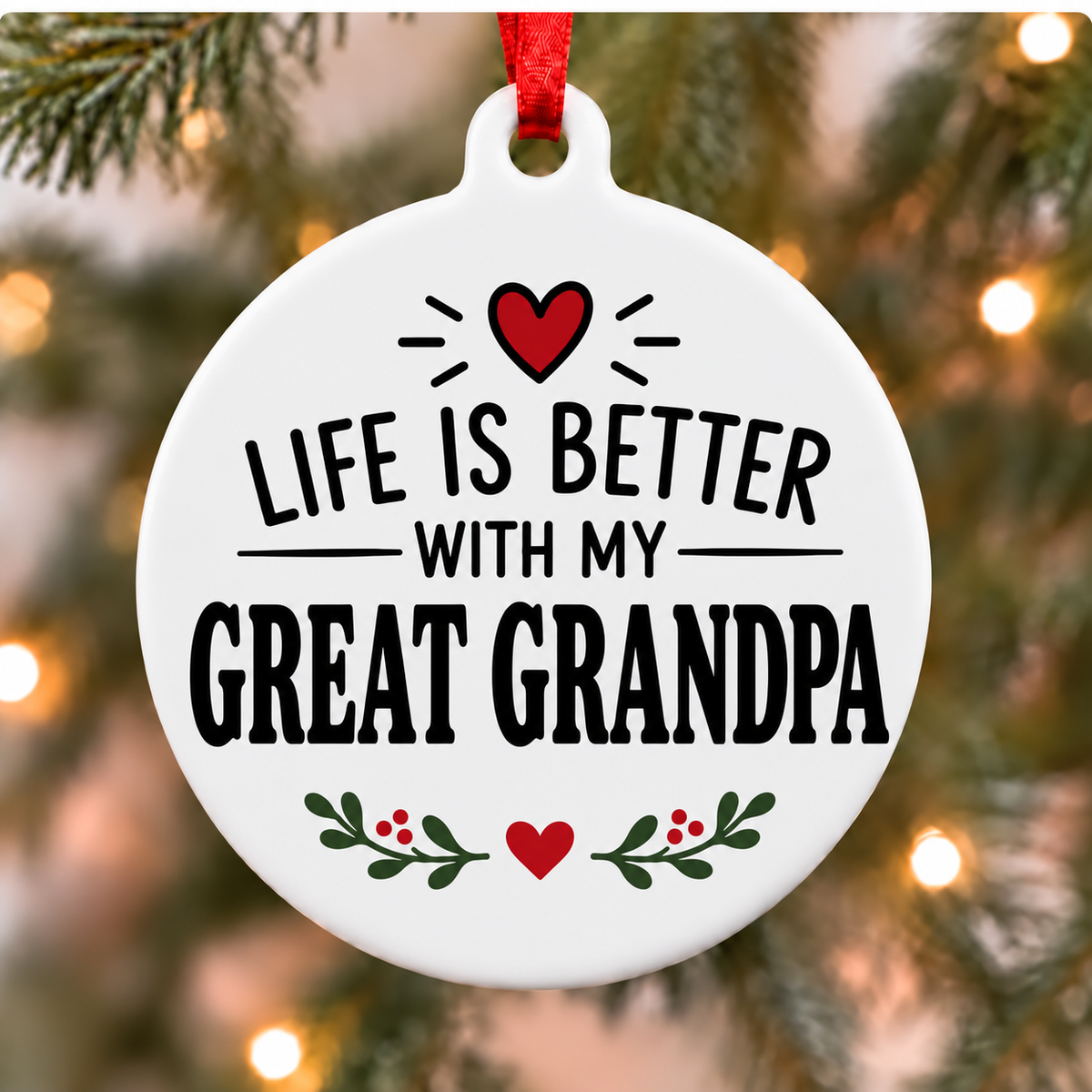 Life Is Better With My Great Grandpa white PVC Christmas ornament close up on a tree with red ribbon