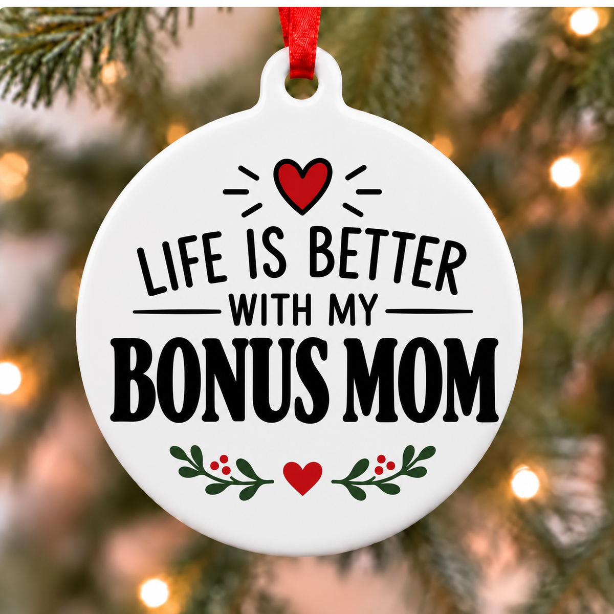 Life Is Better With My Bonus Mom white PVC Christmas ornament close up on a tree with red ribbon
