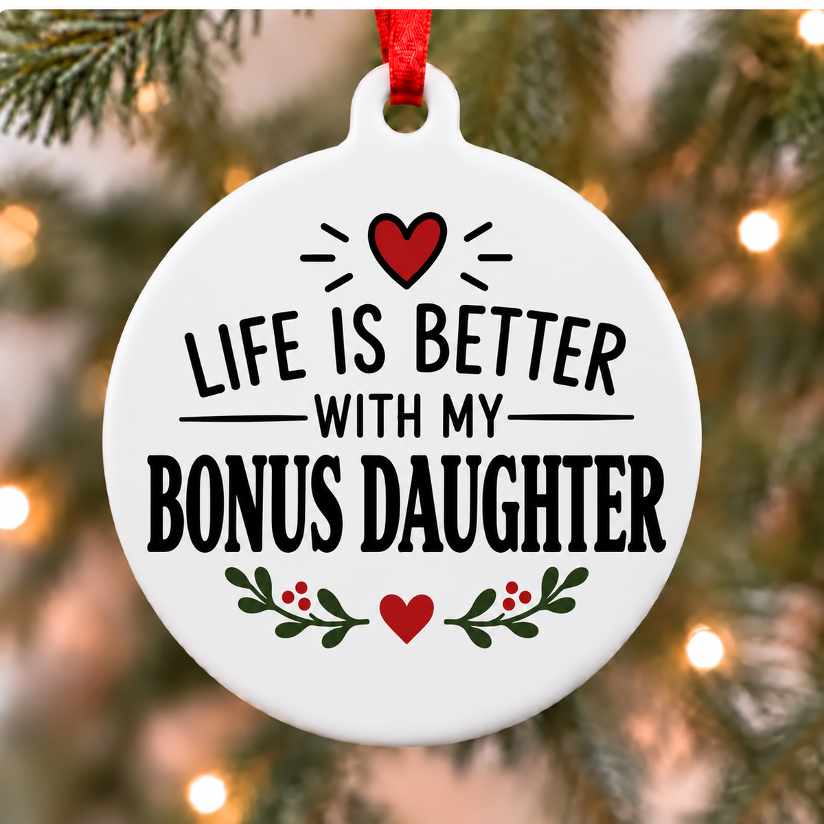 Life Is Better With My Bonus Daughter white PVC Christmas ornament close up on a tree with red ribbon