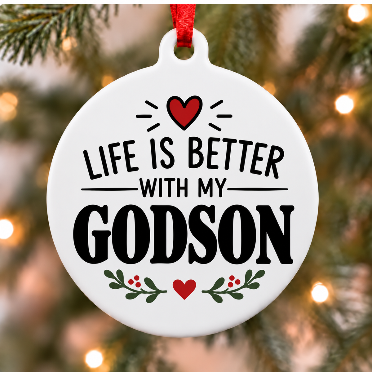 Life Is Better With My Godson white PVC Christmas ornament close up on a tree with red ribbon