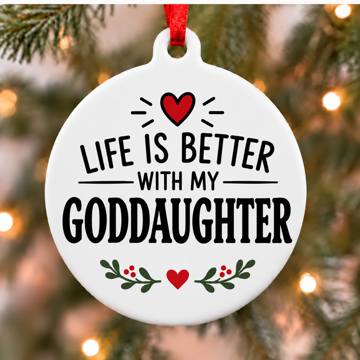 Life Is Better With My Goddaughter white PVC Christmas ornament close up on a tree with red ribbon
