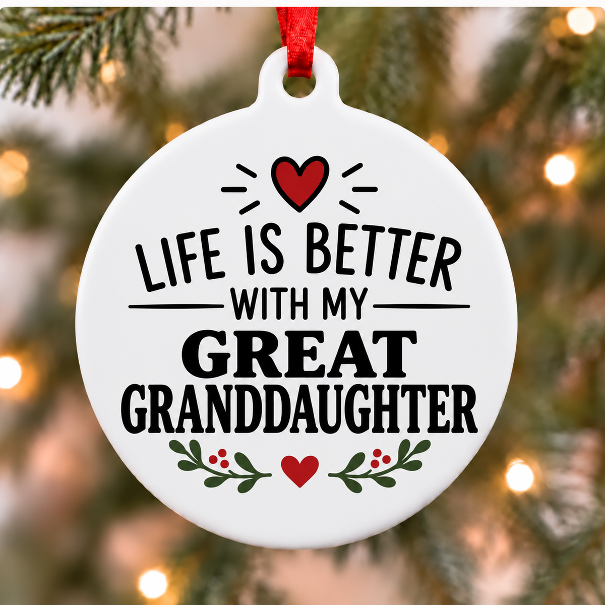 Life Is Better With My Great Granddaughter white PVC Christmas ornament close up on a tree with red ribbon