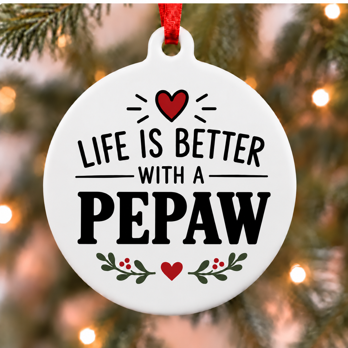 Life Is Better With a Pepaw PVC Christmas ornament close up on an evergreen tree with red ribbon and warm lights