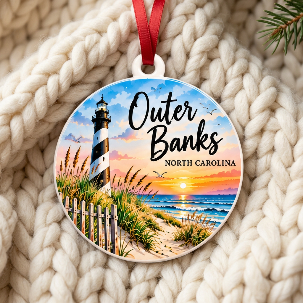 Outer Banks ornament on a cozy ivory knit blanket