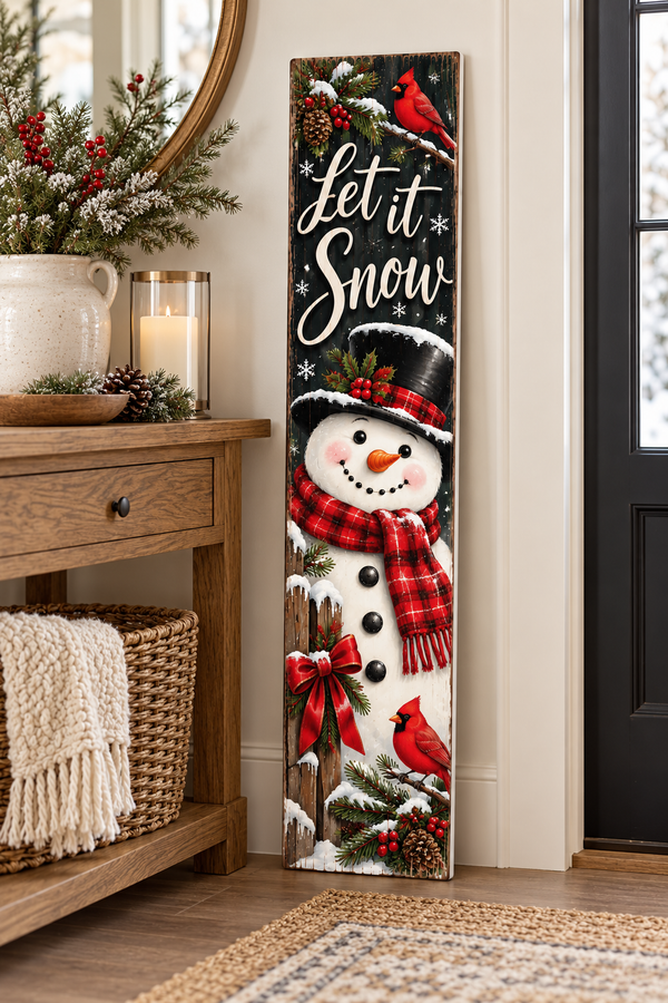 Let It Snow Snowman Black Background PVC Porch Board entryway lifestyle