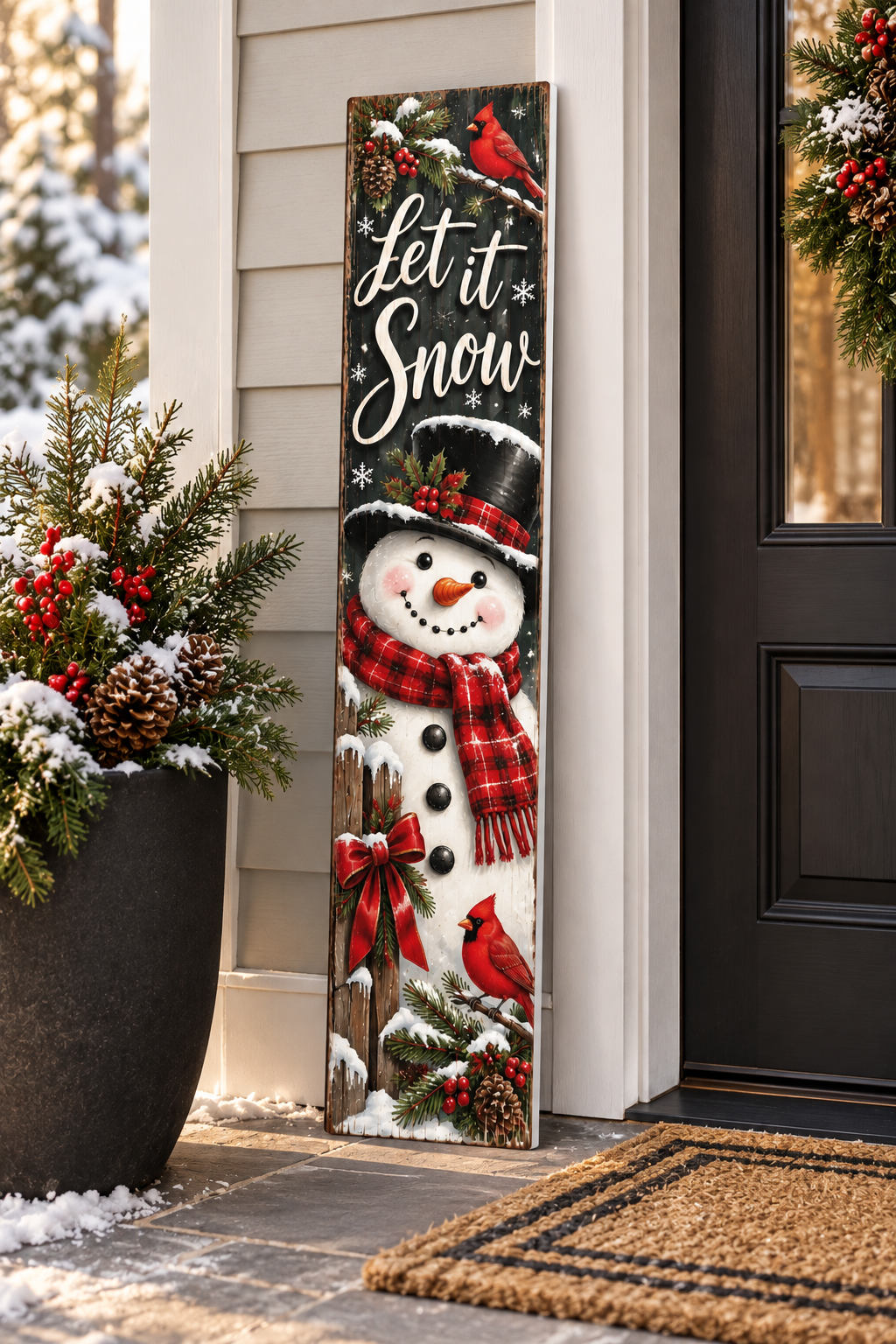 Let It Snow Snowman Black Background PVC Porch Board porch lifestyle