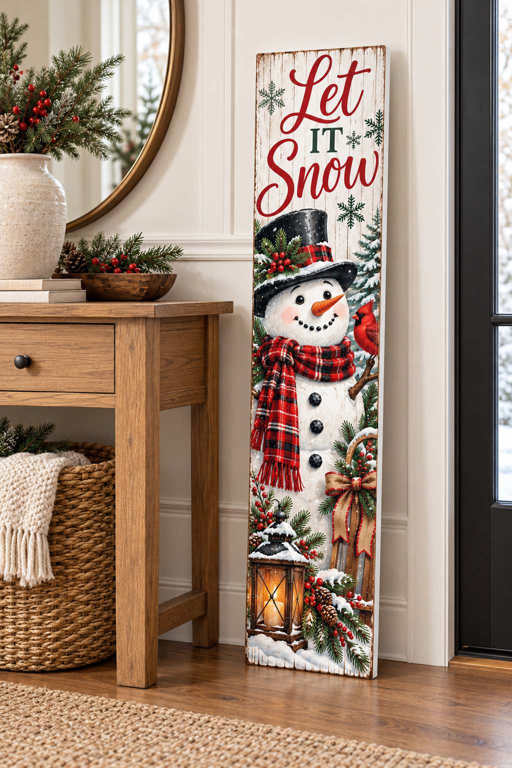 Let It Snow Snowman Cream Background PVC Porch Board entryway lifestyle