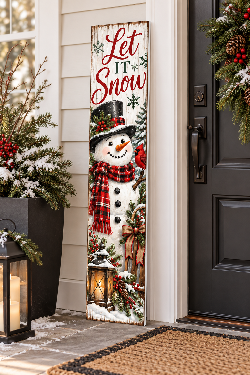 Let It Snow Snowman Cream Background PVC Porch Board porch lifestyle