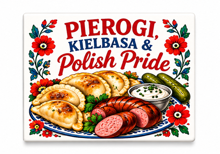 Pierogi kielbasa and Polish pride rectangular magnet on white background