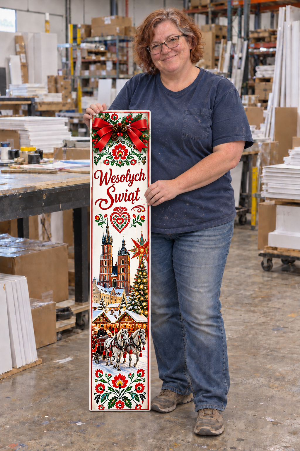 Polish porch board with original listing artwork composited unchanged into warehouse worker photograph