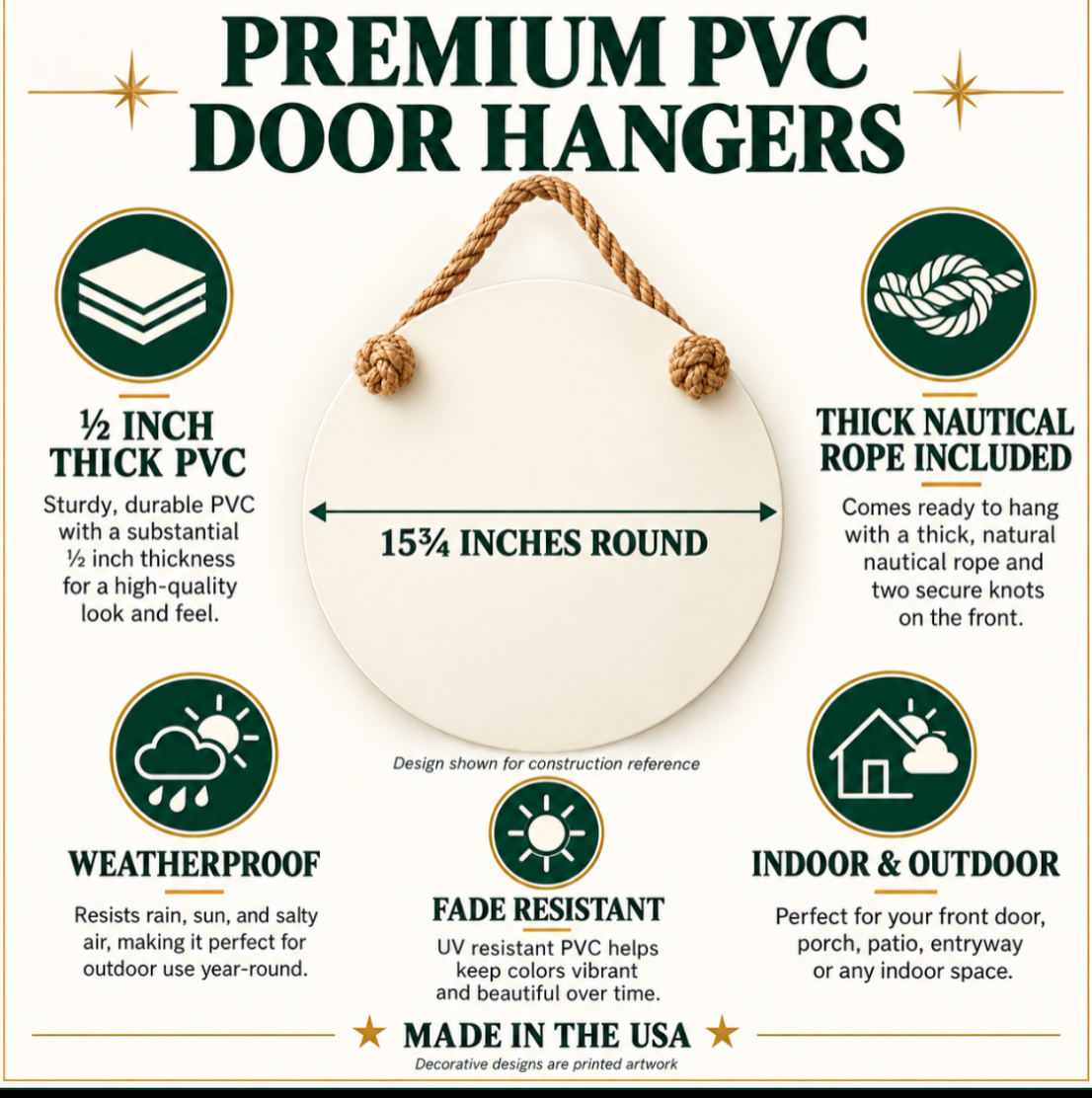 Premium PVC door hangers — 15¾ inches round, half-inch PVC, nautical rope, indoor and outdoor, made in USA