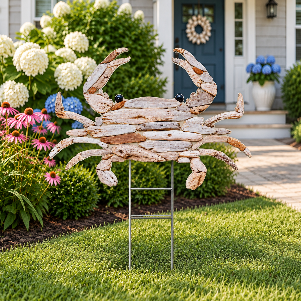 Printed driftwood crab on a yard stake in a front garden