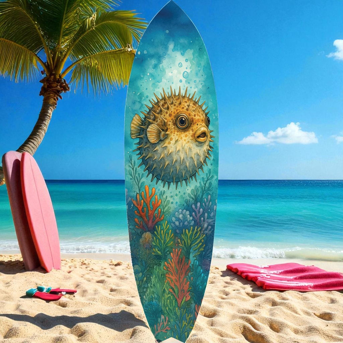 Pufferfish Surfboard Wall Art, Coastal Beach House Decor, PVC, 1 FT to 5 FT